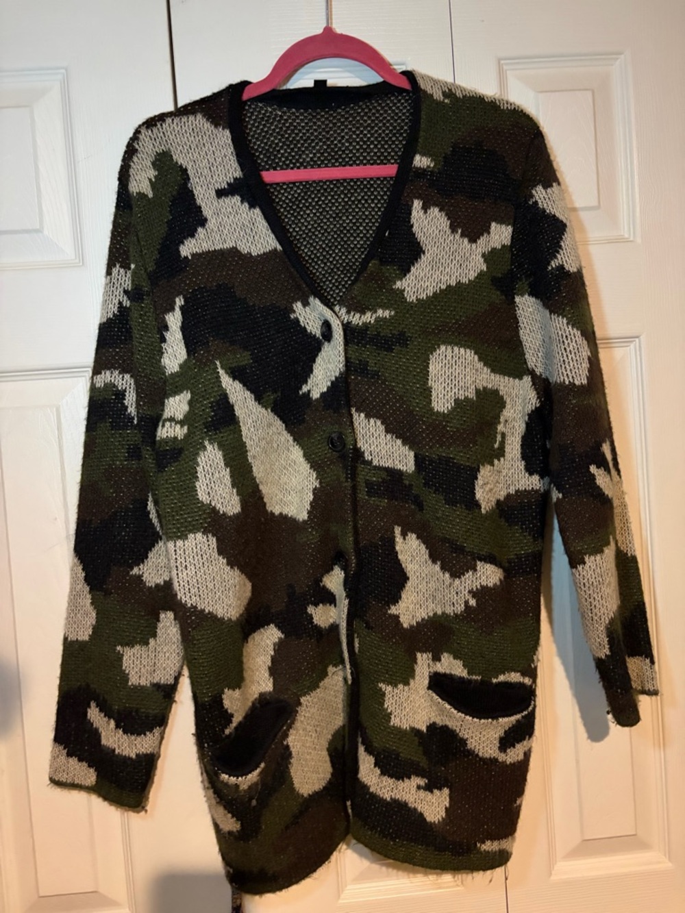 Dance & Marvel Camouflage Open-Front Cardigan in Green, Cream, Black
